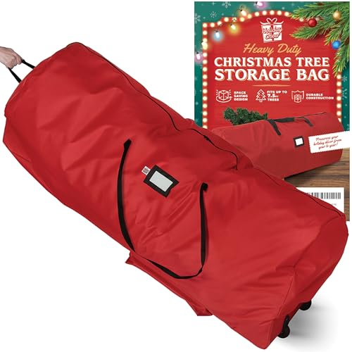 Holiday Cheer Christmas Tree Storage Bag with Wheels – Heavy Duty Christmas Tree Bag Fits Up to 7.5ft Tall Artificial Christmas Tree, Waterproof, Durable Handles & Zipper – Xmas Tree Storage Bag (Red)