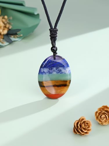Jovivi Natural 7 Chakras Healing Crystals Necklace Oval Gemstone Palm Worry Stone Chakra Pendant Necklace for Anxiety Stress Relief Balancing Meditation - color: Oval-Shaped