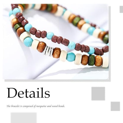 Boho Turquoise Bracelet Wooden Beaded Bracelets Stretch Wrap Bracelet Jewelry for Women and Men 2Pcs