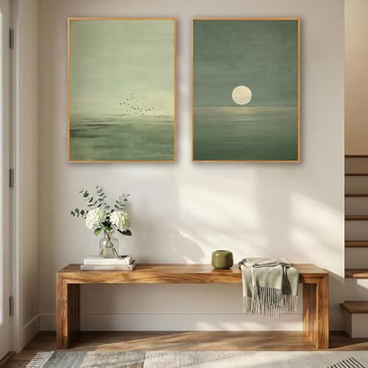 Japanese Sage Green Wall Art 2Pcs Minimalist Moon and Bird Canvas Posters Prints for Living Room Bedroom Office Zen Home Decoration 12X16in Unframed