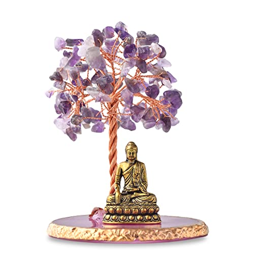 Buddha Statue with Healing Crystal Tree, Tree of Life for Positive Energy. Home Decor Yoga Meditation. Amethyst.(A) - style: A