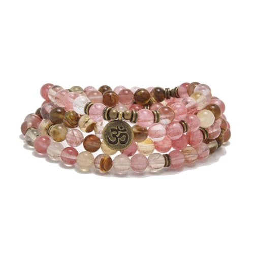 108 Natural Stone Mala Beads Yoga Jewelry Meditation Bracelet Necklace with om Charm - style: Watermelon Tourmaline
