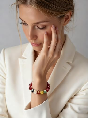 Beaded Bracelets for Women,Stretch Healing Crystal Bracelet Natural Stone Gemstone Jewelry Gifts - color: Style R-Red Agate&Five Gods of Wealth