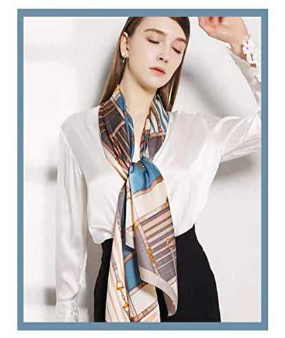 100% Mulberry Silk Long Scarf for Women Large Shawls for Headscarf and Neck- Oblong Hair Wraps with Gift Packed - color: Cream&blue Belts