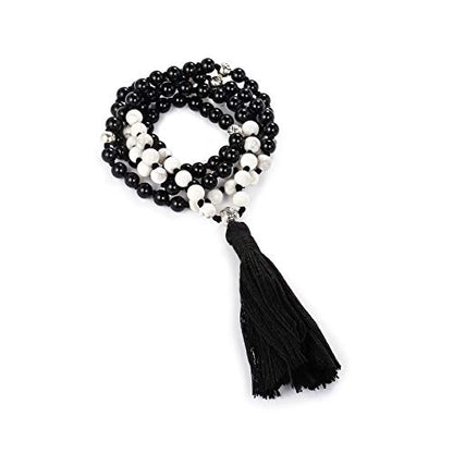LIUANAN 108 Mala Beads 8mm Natural Bracelet Healing Gemstone Yoga Meditation Hand Knotted Mala Prayer Bead Necklace - color: 6mm-Black+White Natural Turquoise