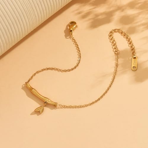 18K Gold Plated Hand Chain Bracelets for Women, Dainty Cubic Zirconia, Heart, Beads, Bamboo Link Charm Bracelet, Trendy Adjustable Finger Ring Bracelet, Hand Chain Jewelry, Christmas Gifts - style: Bamboo