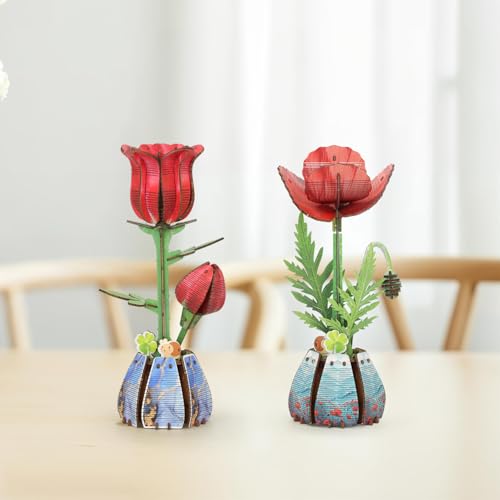 Jege 3D Flowers Wooden Puzzles for Adults,DIY Wooden 2 Flowers per Kit Building Set for Home Decor, Creative Craft Gift Toys Kits with 2 Perfume Bottles and Diffuser Sticks (Rose + Corn Poppy) - color: Rose&corn Poppy