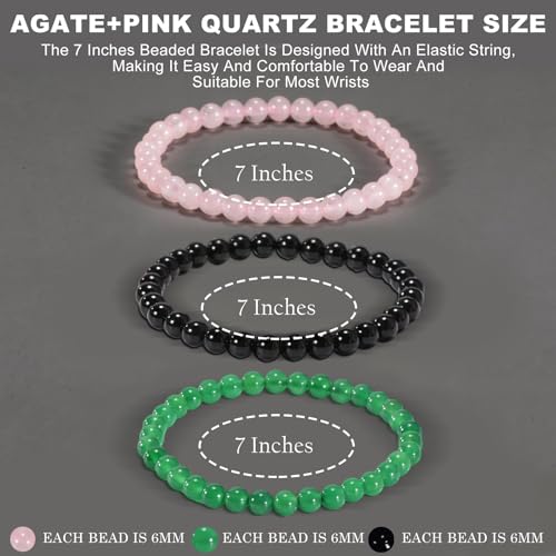 3PCS Agate Bracelet for Women Men Natural Round Beaded Agates Stone Healing Stretch Bracelets Elastic Handmade Polished Gemstone Beads Bracelet - color: Black+Pink+Green