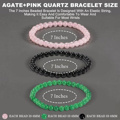 3PCS Agate Bracelet for Women Men Natural Round Beaded Agates Stone Healing Stretch Bracelets Elastic Handmade Polished Gemstone Beads Bracelet - color: Black+Pink+Green