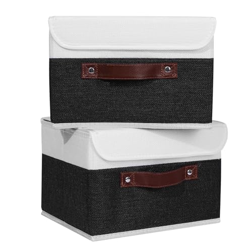 ANMINY 2PCS Storage Boxes with Lid Washable Decorative Storage Bins Basket with PU Leather Handle Foldable Linen Fabric Storage Cubes Containers for Home Closet Organizer - Black White, Small Size - color: Black White, size: Small (Pack of 2)