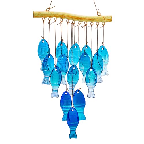 H&D HYALINE & DORA 23" Blue Glass Sea Wind Chimes - Handcrafted Fish Wind Chimes for Outside, Beach Party & Wedding Decor - color: Sky Blue