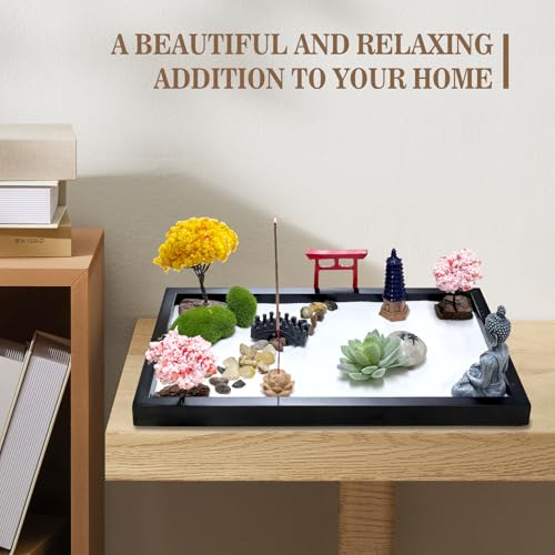 Zen Garden for Desk Decor - Premium Beautiful Japanese Mini Zen Sand Garden Kit Box for Home, Office Desk with Black Wooden Tray, White Sand, Tools, Red Gate, Buddha - Desktop Set