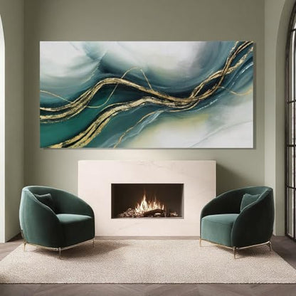 ZENPEE Gold and Green Modern Wall Art, Simple Abstract Canvas Prints, Wall Hangings & Posters for Living Room, Office & Hallway, 29" x 58" - color: Teal & Gold, size: 58"L x 29"W