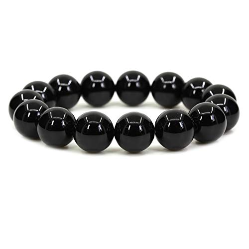 Keleny Natural Gem Semi Precious Gemstones 14mm Round Beads Crystal Stretch Bracelets 7 Inch Unisex - color: Black Agate