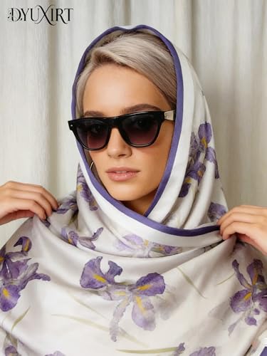100% Mulberry Silk Oversized Women’s Sun-Shielding Shawl Formal Evening Neckwear Featherlight Airy - color: N13-violet Bloom Scarf（69" X 21"inch）