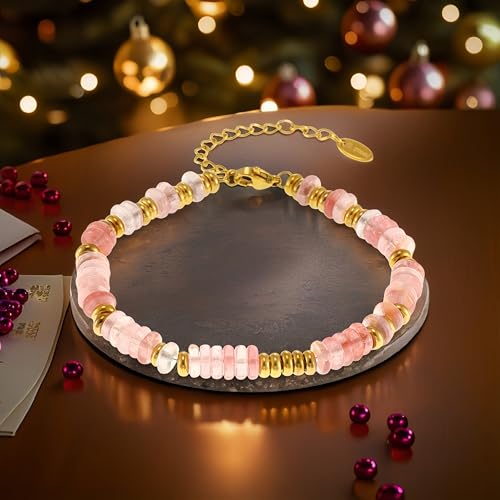 Hupplle Natural Stone Beaded Bracelets for Women 18K Gold Plated Stainless Steel Handmade Minimalist Adjustable Bracelet Trendy Jewelry Gifts for Her