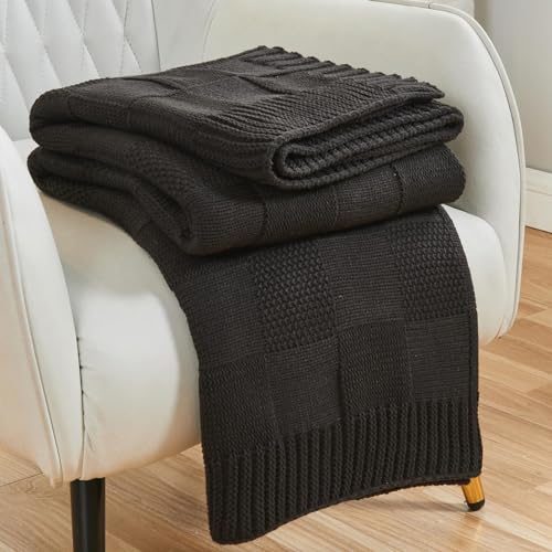 CozeCube Check Knit Throw Blanket, Jet Black Checkered Throw for Couch, Decorative Christmas Soft Cozy Warm Knitted Blanket for Bed Sofa Living Room, 50"X60" - color: Jet Black, size: 50"X60"
