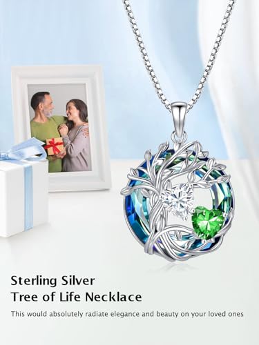 TOUPOP s925 Sterling Silver Family Celtic Tree of Life Pendant Necklaces with 2 Heart Birthstone with Blue Austrian Crystal Jewelry Birthday Valentines Day Gifts for Her, Anniversary Christmas Gifts for Wife Girlfriend Mom (18K Real White Gold Filled) - c