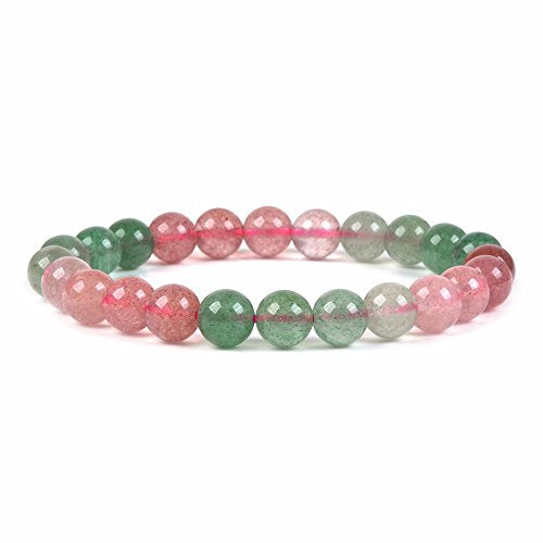 Justinstones Gem Semi Precious Gemstone 8mm Round Beads Stretch Bracelet 7 Inch Unisex - color: Multi-color Strawberry Quartz