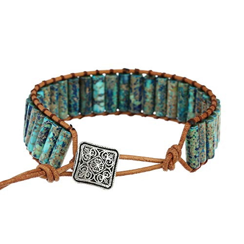 Women Boho Handmade Natural Stone Crystal Leather Bead Wrap Bracelets Collection - style: Colorful Blue Jasper 1W