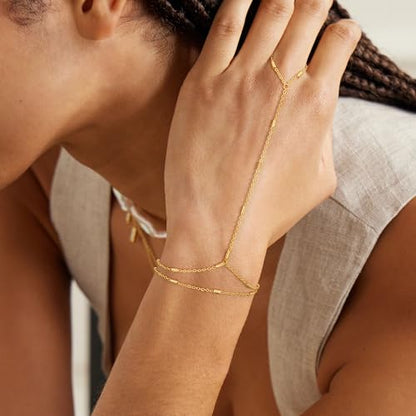 Gold Bracelets for Women, 14K Gold Plated Hand Chain Bracelet for Women Trendy Finger Ring Bracelet Hand Chain Dainty Adjustable Hand Chain Jewelry Gifts for Women - color: layered