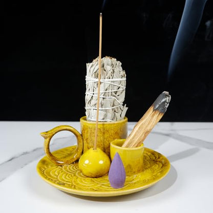 MOUGIGI 5.1-Inch 5-in-1 Yellow Ceramic Incense Holder - Fits Palo Santo, Sage, Incense Sticks/Cones, Small Candle, Smudge Burning Tray.Zen Altar for Meditation/Yoga, Aromatic Scents, Matches Friendly - color: Multifunctional Palo Plate-yellow