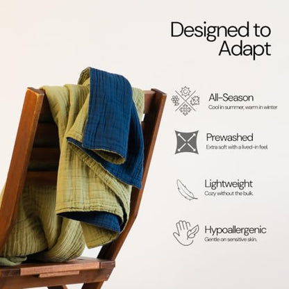 Salt Earth 100% Cotton Muslin Blanket, Gauze 55"X75" Twin, 6 Layered for Couch, Bed, Living Room, Home, Lightweight & All Season Blankets & Throws, Easy wash, Skin Friendly (Dress Blue/Mosstone) - color: Dress Blue / Mosstone, size: 55"X75" Twin