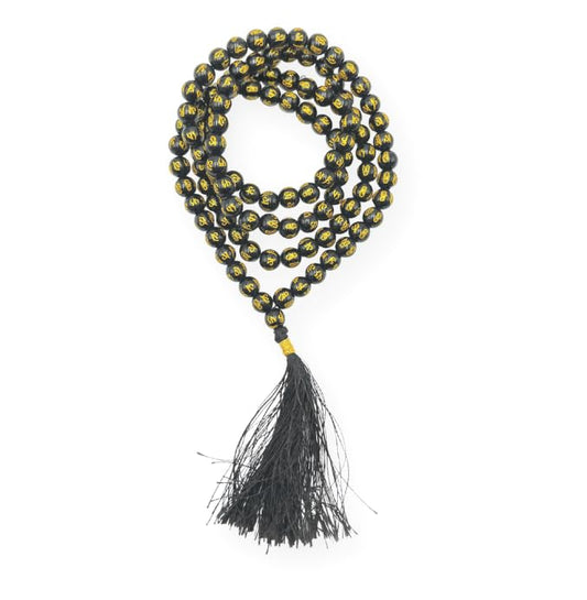 GEMSCITE Japa Mala 108 Prayer Beads Perfect for Meditation Spiritual Mala Necklace & Wrist Mala Bracelet - color: Black Agate (Om), size: Without Knots
