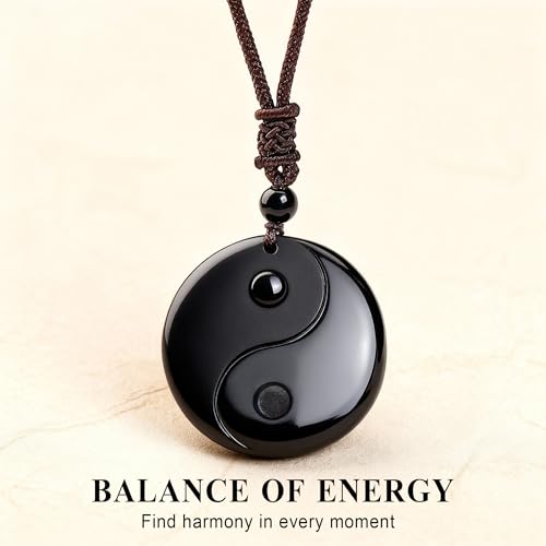 Black Obsidian Yin Yang Necklace for Men Women, Tai Chi Pendant Obsidian Balance Necklace for Releasing Negativity, Talisman Spiritual Healing Jewelry for Protection Amulet - color: Black-1