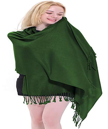 CJ Apparel Solid Color Tassels Design Nepalese Shawl Scarf Wrap Stole Throw Head Wrap Pashmina Gift Hand Made in Nepal New - color: Dark Green Mix