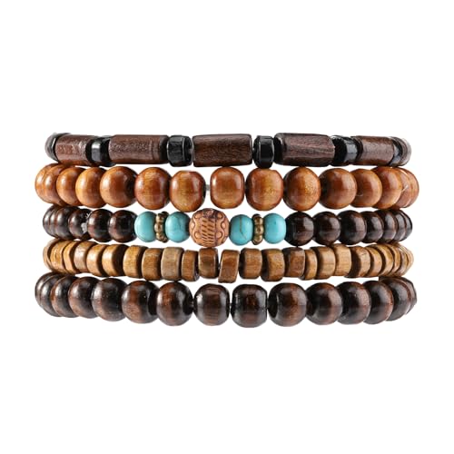 MILAKOO Mens Beaded Bracelets Tribal Wooden Elastic Adjustable Prayer Beads Wrap Cuff for Women - color: Q: 5pcs