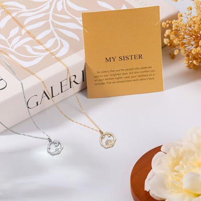 Golden Necklace for Women Virgin Mary Angel Butterfly Necklace Sister New Mom Friendship Necklace Birthday Christmas Gift - style: Sister- sun moon