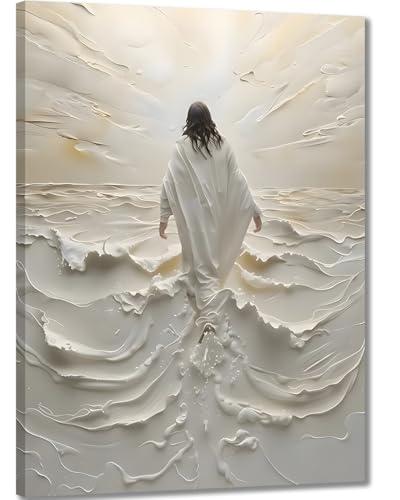Jesus Walking on Water Canvas Wall Art, Christian Religious Wall Decor, Faith Inspirational Bible Artwork, Modern Neutral Jesus Painting for Living Room Bedroom Church Decor, Ready to Hang 12x16 16x24 - color: yesu, size: 16"L x 12"W
