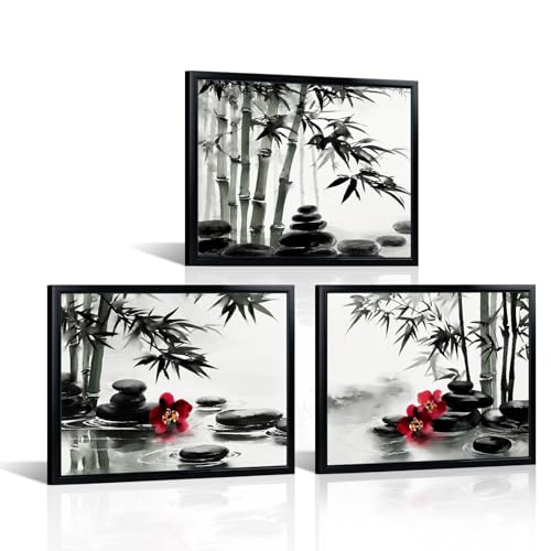 Biuteawal 3 Panels Zen Wall Art Black and White Bathroom Decor Zen Stone with Bamboo Picture Print Peaceful Artwork Painting Spa Living Room Kitchen Bedroom Framed