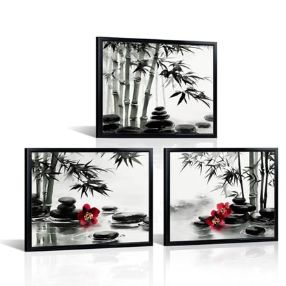 Biuteawal 3 Panels Zen Wall Art Black and White Bathroom Decor Zen Stone with Bamboo Picture Print Peaceful Artwork Painting Spa Living Room Kitchen Bedroom Framed
