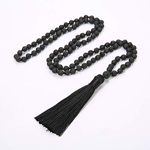 6MM Mala Beads Necklace Natural Amazonite Stone Meditation Statement Necklace Japa Yoga Rosary Prayer Charm Beaded Tassel Necklace - style: Natural Lava