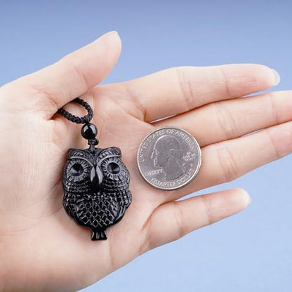 Black Obsidian Necklace Protection Pendant with Extended Bead Chain Healing Crystal Stone Amulet Necklace for Men Women - color: OwlA