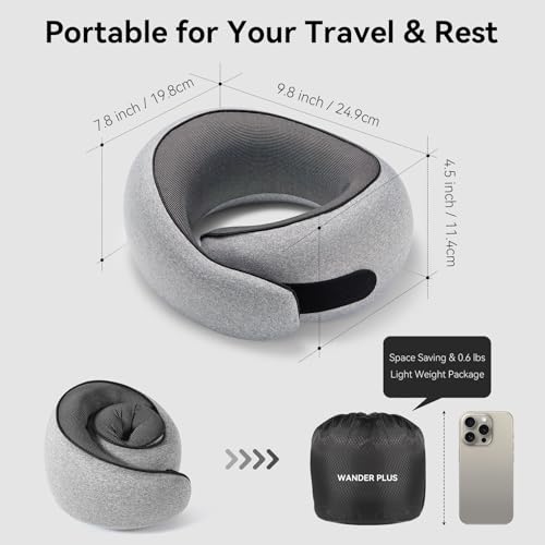 WANDER PLUS® Travel Pillow, 100% Pure Memory Foam Travel Neck Pillow Airplane Neck Support Ergonomic Design Best for Sleeping Plane Car Train Office Flight for Adults Grey