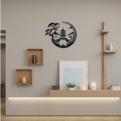 Japanese Bonsai Pagoda Metal Wall Art - Black Zen Asian Decor for Living Room, Bedroom & Office,lack Asian Inspired Wall Decor with Mountain and Tree Design, Wall Sculpture (11.8 x 9.8 Inches)