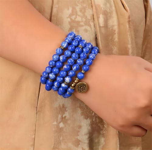 Mala Bead Strand Bracelet, 108 Buddhist Prayer Beads Yoga Meditation Green Malachite Beads Necklace Women man - style: Blue Jasper