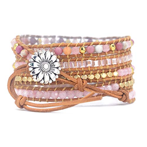 Boho Wrap Bracelet for Women, Handmade Natural Imperial Jasper Multi-Layer Stone Beaded Bracelet, Bohemian Healing Crystal Stone Jewelry Gifts - color: Pink