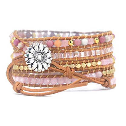 Boho Wrap Bracelet for Women, Handmade Natural Imperial Jasper Multi-Layer Stone Beaded Bracelet, Bohemian Healing Crystal Stone Jewelry Gifts - color: Pink
