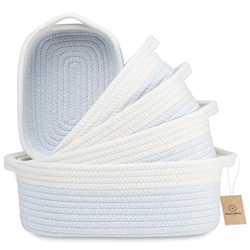 5-Piece Rectangle Storage Basket Set- Natural Cotton Rope Woven Baskets for Organizing! Small Basket for Montessori, Baby Nursery, Dog Toy Baskets, Cat Toy Box, Bathroom Organization Bin - color: Off White & Mixed Blue