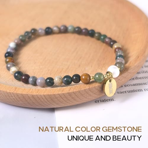 Morchic 4mm Natural Gemstone Beads Stretch Bracelet for Women, With Freshwater Pearls, Energy Gem Birthday Gift for Her 7.2” - color: India Agate
