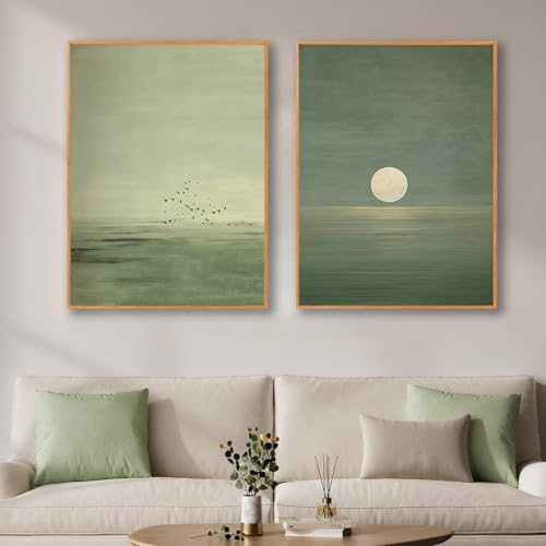 Japanese Sage Green Wall Art 2Pcs Minimalist Moon and Bird Canvas Posters Prints for Living Room Bedroom Office Zen Home Decoration 12X16in Unframed