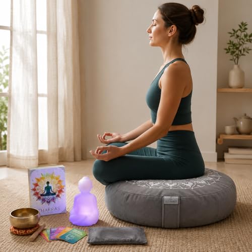 Meditation Cushion Set with Buckwheat Zafu, Breathing Light, Singing Bowl, Eye Pillow & Affirmation Cards – Meditation Kit for Beginners, Mindfulness Gift Set for Stress Relief & Yoga