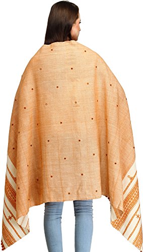 Exotic India Shawl from Kutch with Embroidered Mirrors - Pure Wool - color: Peach