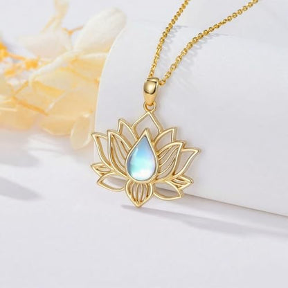 Lotus Necklaces for Women 925 Sterling Silver 7 Chakra/Yin Yang Pendant Necklace Spiritual Lotus Jewelry Birthday Yoga Gifts - style: Gold Moonstone-Lotus