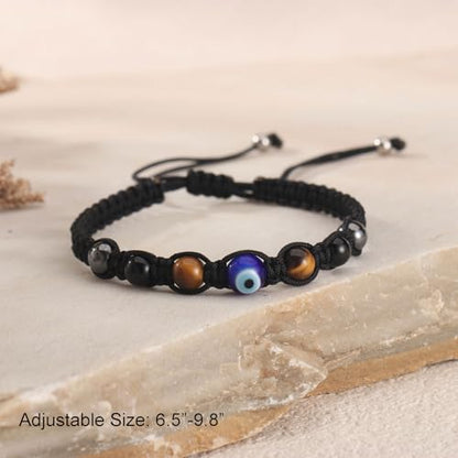 Triple Threat Protection Bracelet for Women,Evil Eye Natural Healing Crystal Beaded Bracelet for Protection - style: Evil Eye Braceet (String)