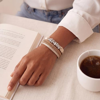Edoneery Leather Wrap Bracelet for Women, Boho Handmade Multi-Layer Cuff with Crystal Beads Heart, Stackable Bangle Western Jewelry Gift - style: Silver Stone(Beige)